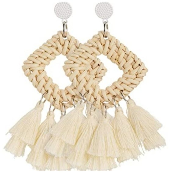 Betsey Johnson Rattan Wicker Straw Dangle Earrings - Picture 2 of 6